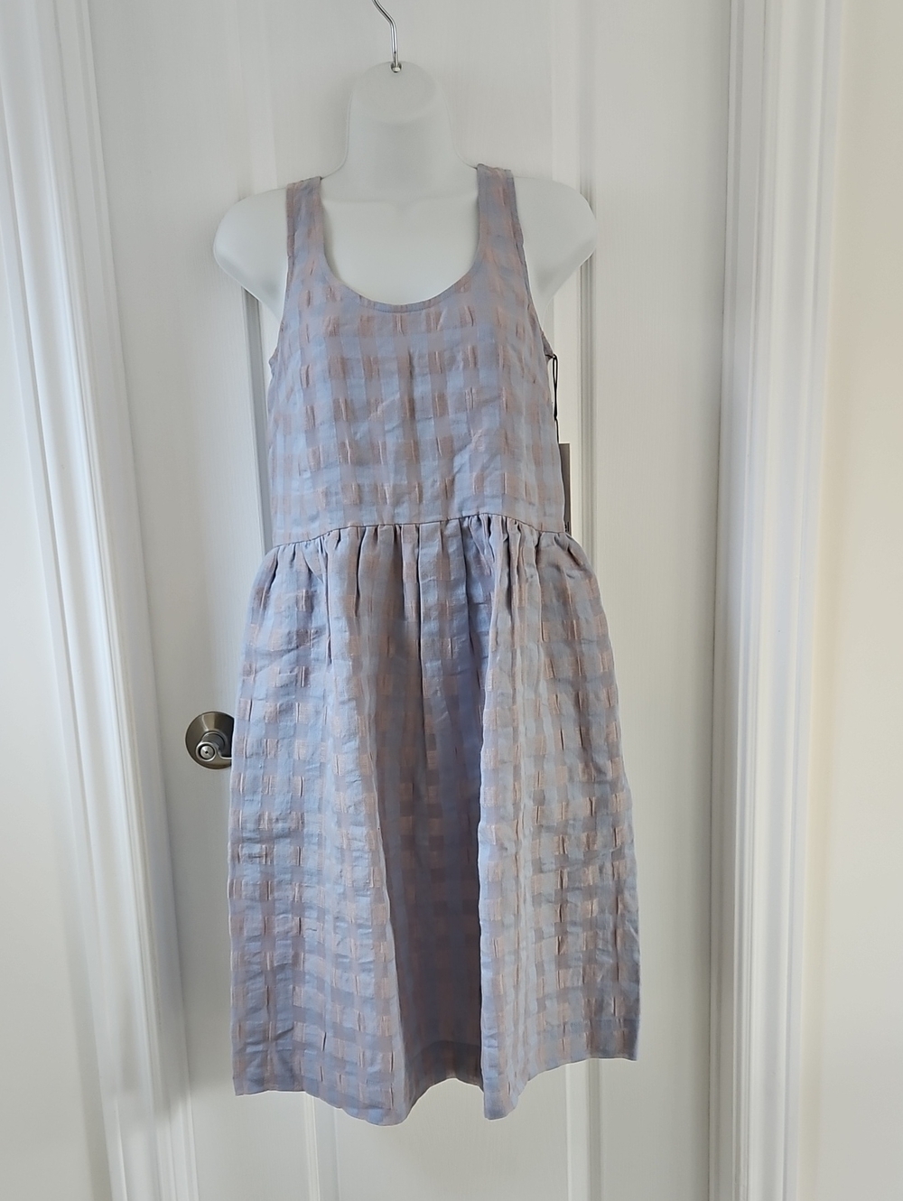 Eve Gravel Blue and Beige Checked Sleeveless Cotton Dress